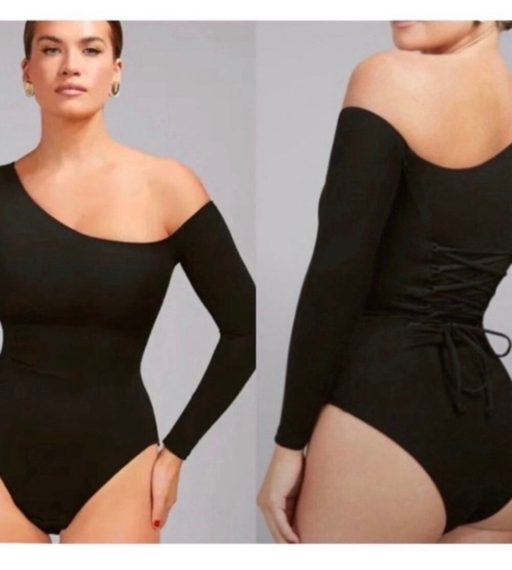 TA3 Shapey One Shoulder Long Sleeve Black Bodysuit Black Lace Up Size Small NWOT